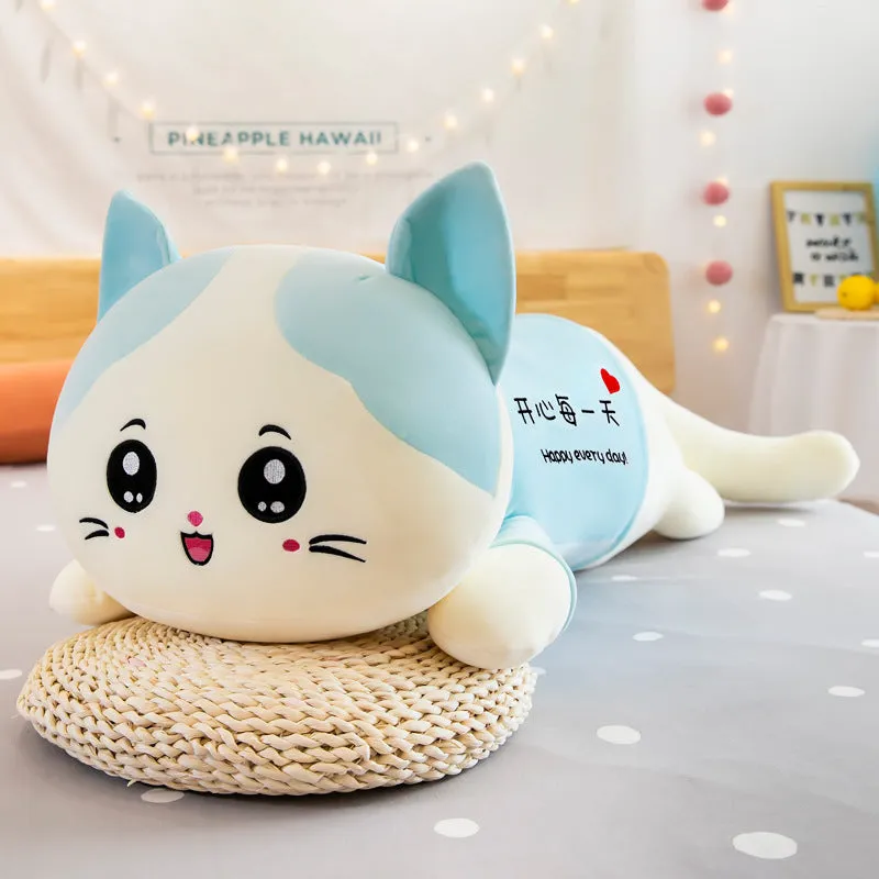 Cute cat plush toy sofa cushion in soft velvet fabric, available in blue and pink, 110cm length