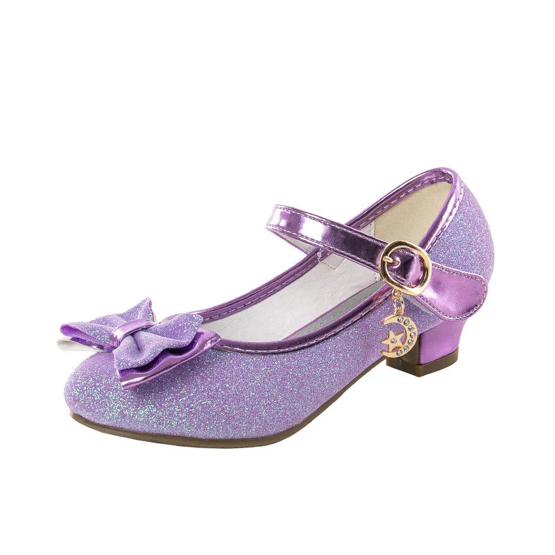 Girls crystal leather shoes with Velcro strap, purple synthetic leather upper