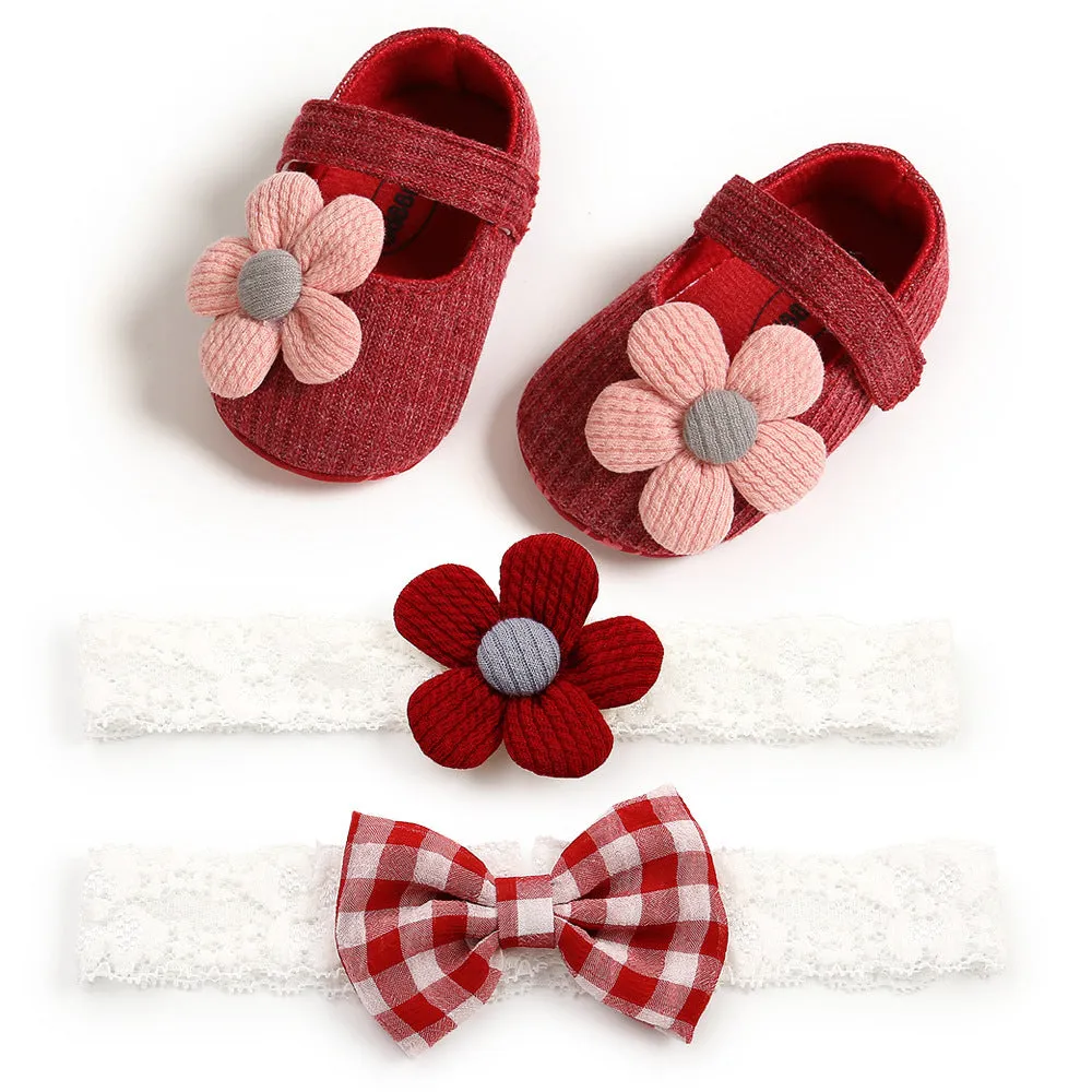 Baby soft-soled cotton toddler princess shoes with Velcro closure and matching headband set in pink