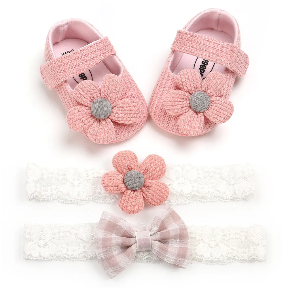 Baby soft-soled cotton toddler princess shoes with Velcro closure and matching headband set in pink