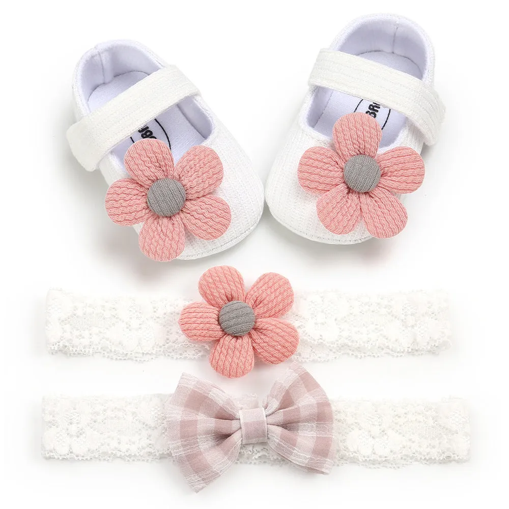 Baby soft-soled cotton toddler princess shoes with Velcro closure and matching headband set in pink