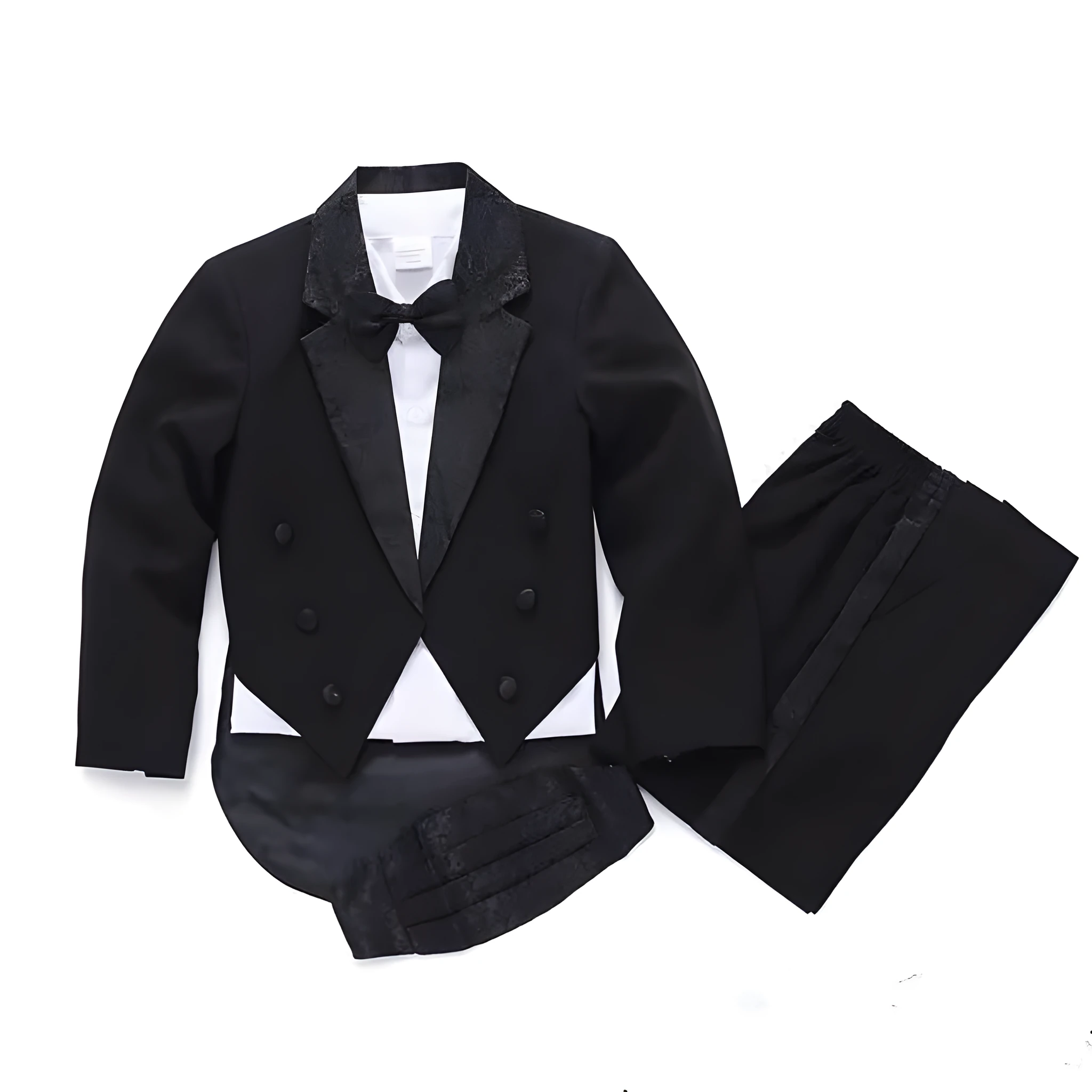Children's formal suit set in black with long sleeves and trousers, isolated on white background