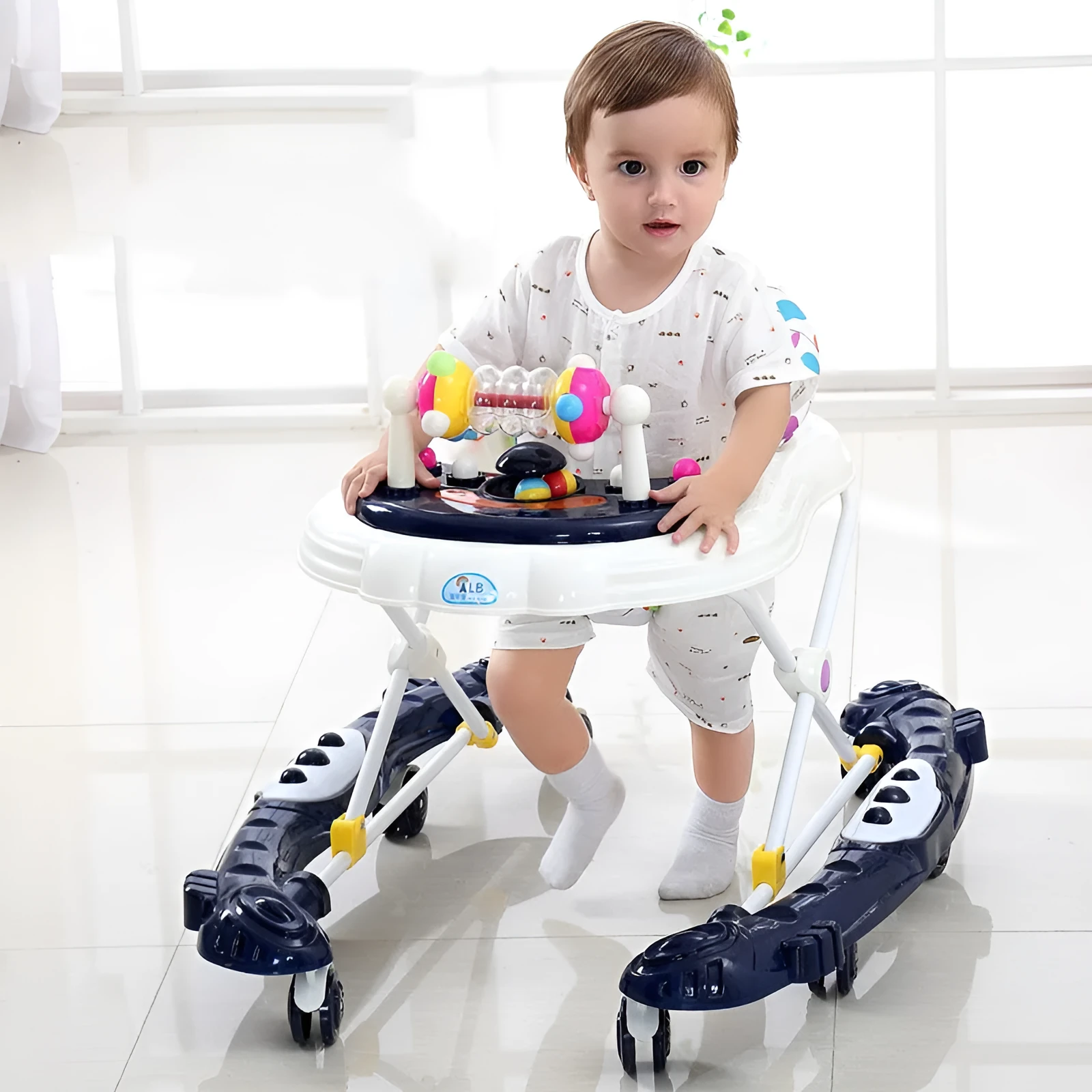 Blue plastic baby walker with anti-rollover base, music panel, and five height adjustment options for 6 to 12 months
