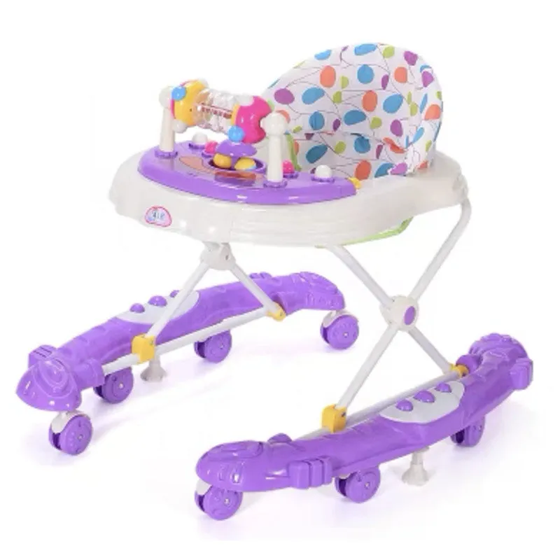 Blue plastic baby walker with anti-rollover base, music panel, and five height adjustment options for 6 to 12 months