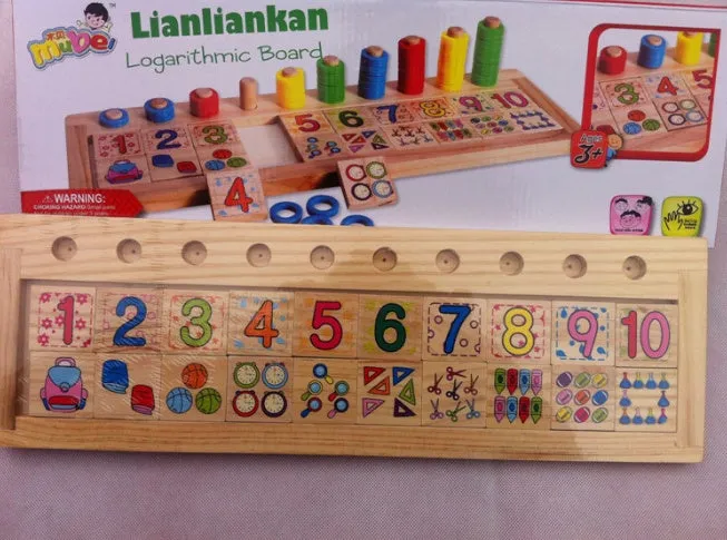 Montessori teaching log board in rubber wood with a plastic ring, packed size 43x14x4.5 cm