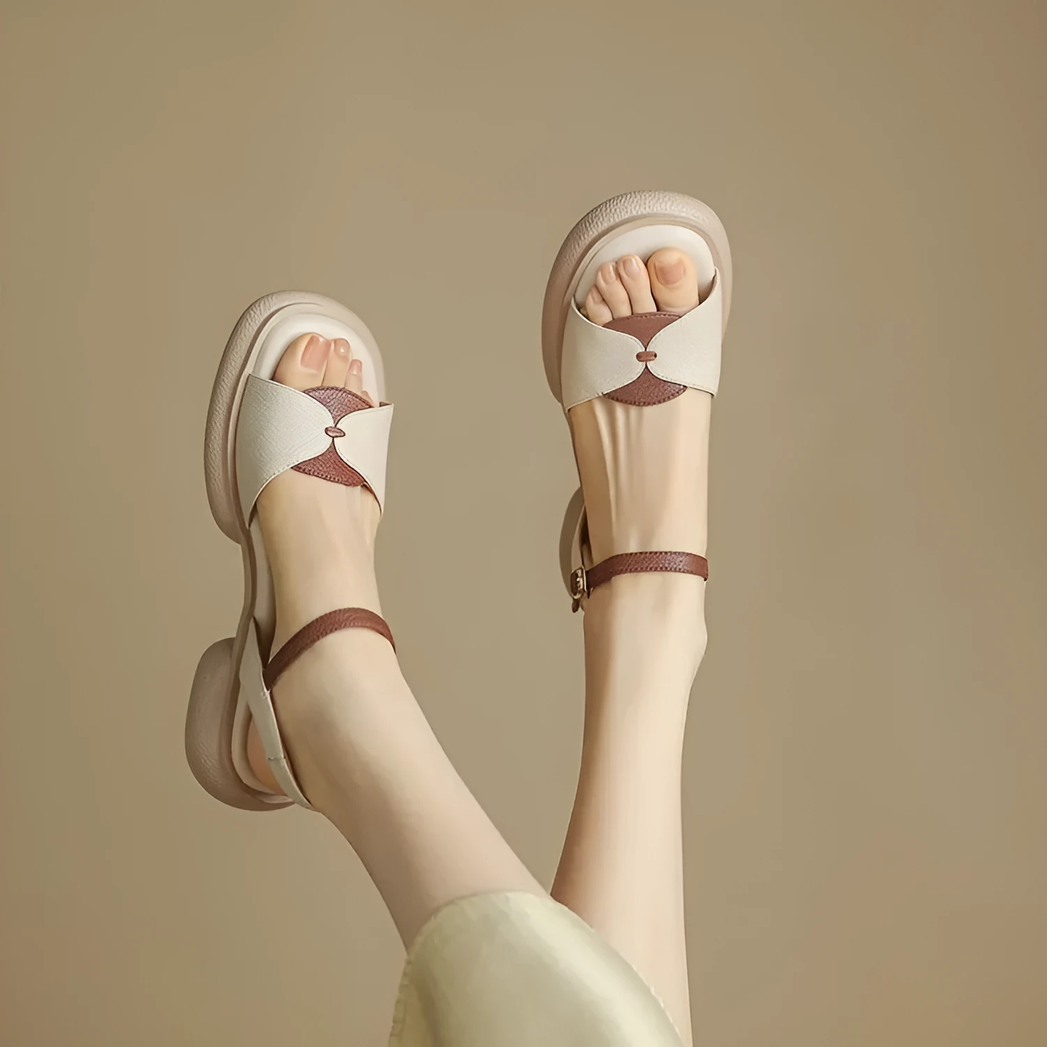 Women's beige chunky heel platform sandals with open toe and renewable leather upper.