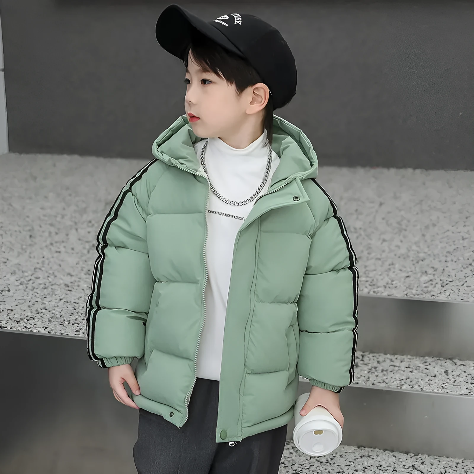Children's thickened zip-up hooded winter coat in four colours for heights 100-150cm