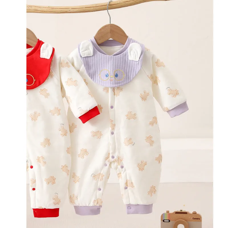 Baby quilted jumpsuit three layers warm winter long sleeve cotton cloth rabbit fur casual grow suit in bear world blue