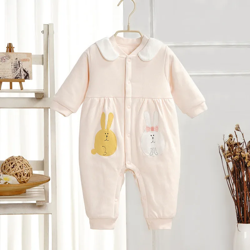 Baby quilted jumpsuit three layers warm winter long sleeve cotton cloth rabbit fur casual grow suit in bear world blue