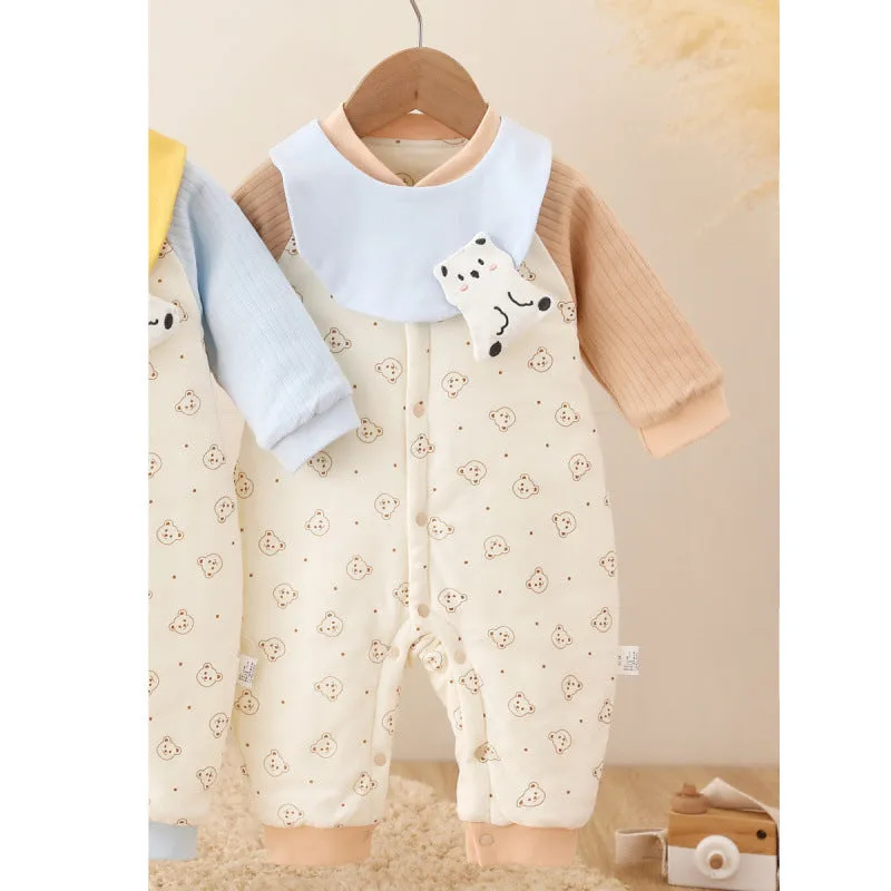 Baby quilted jumpsuit three layers warm winter long sleeve cotton cloth rabbit fur casual grow suit in bear world blue