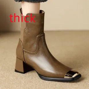 Brown high-heel Martin boots with side zipper and decorative metal rivet details.
