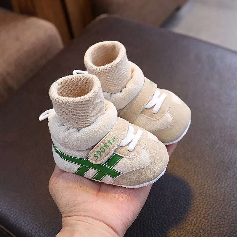 Baby ankle sock toddler shoes, green wool-lined winter style, inner length 11-13cm, soft upper
