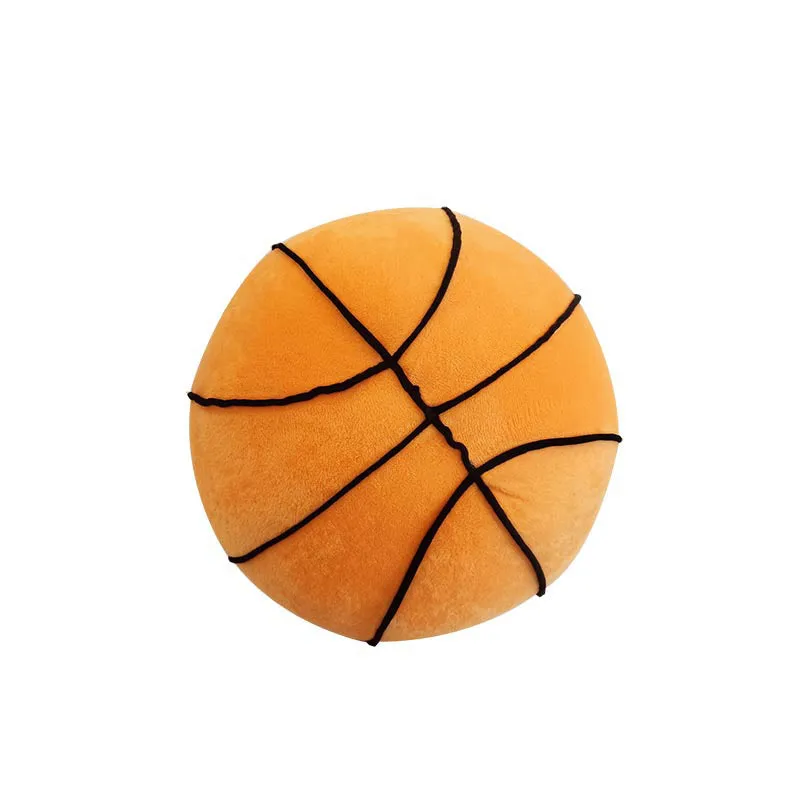 Soft spherical basketball plush toy in orange with black lines, 28cm tall, on a light background