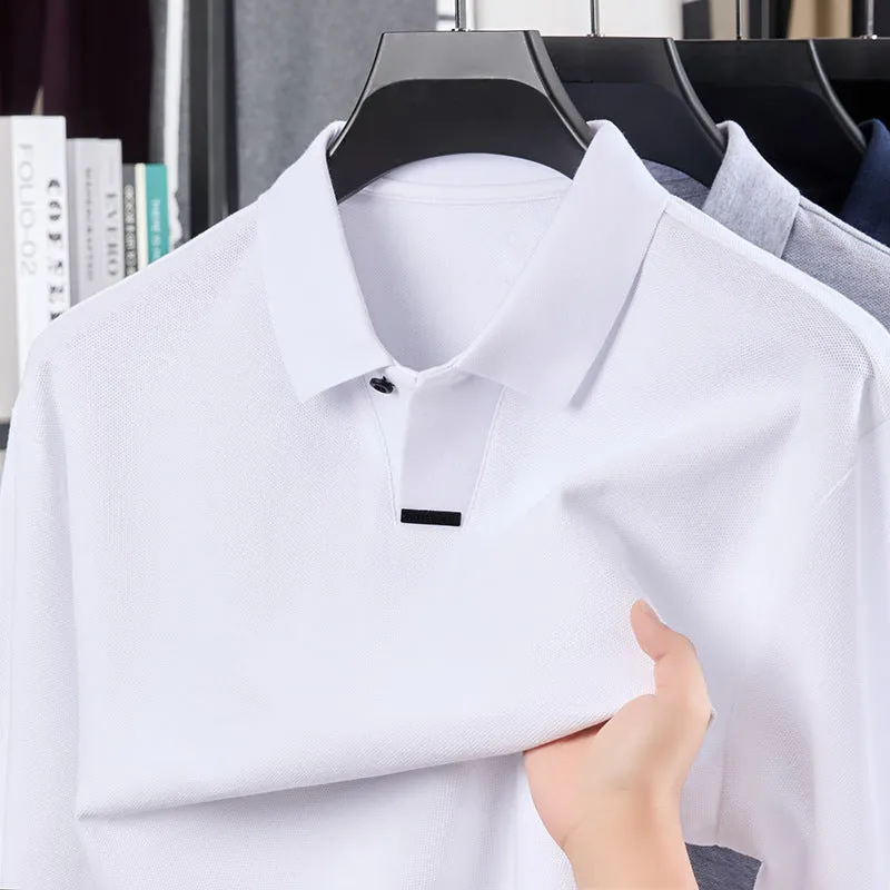 Men's loose fit cotton polo shirt in grey with asymmetrical detail and long sleeves.