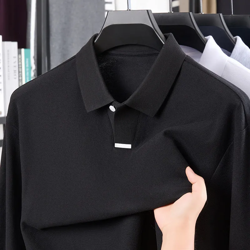Men's loose fit cotton polo shirt in grey with asymmetrical detail and long sleeves.