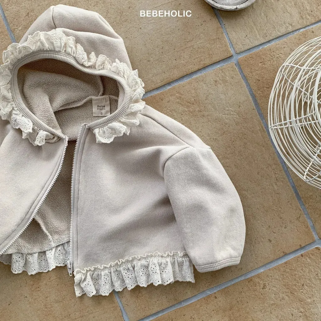 Child's lace-trim hooded zipper sweatshirt in solid cotton, brown colour, long sleeves