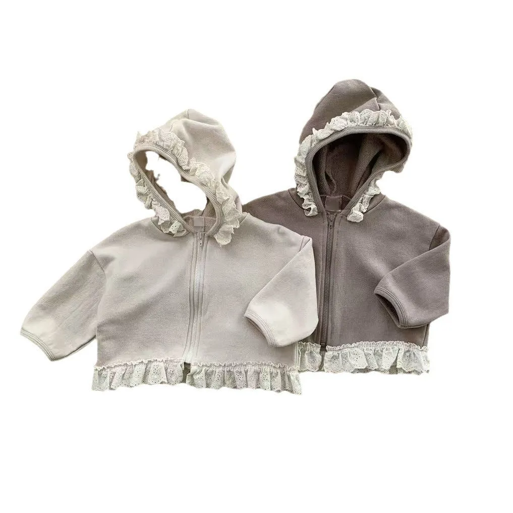 Child's lace-trim hooded zipper sweatshirt in solid cotton, brown colour, long sleeves