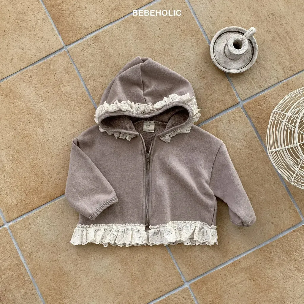 Child's lace-trim hooded zipper sweatshirt in solid cotton, brown colour, long sleeves