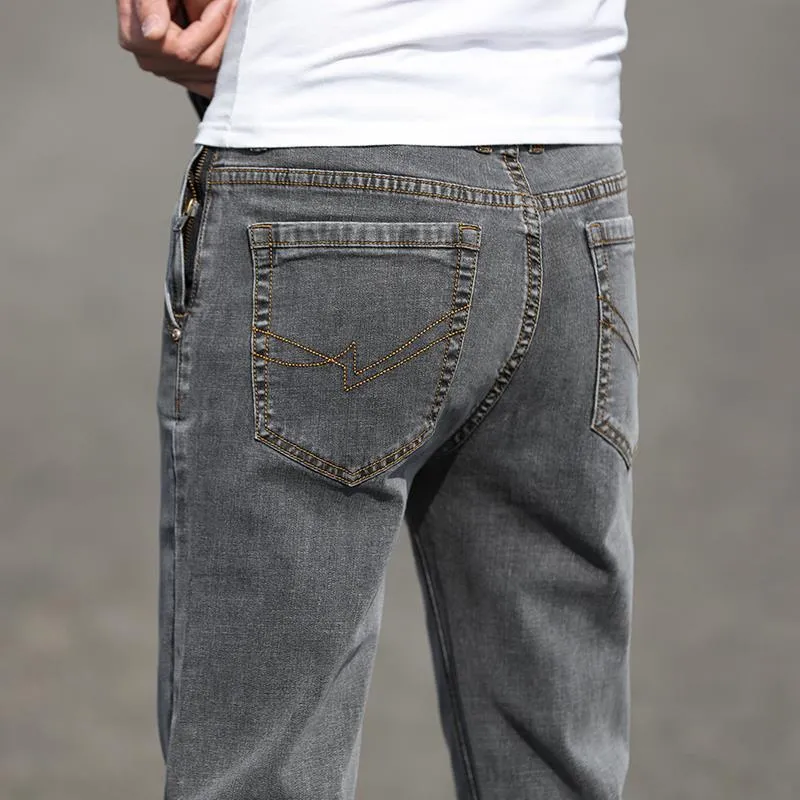 Men's smoky gray jeans with straight-leg cut and low-waist design
