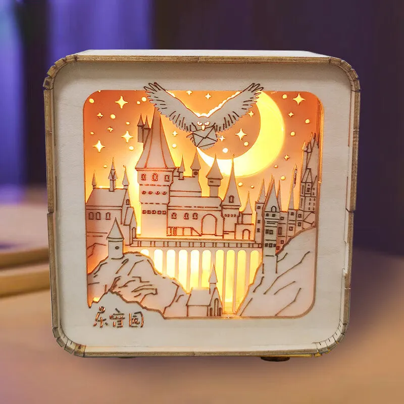 3D wooden puzzle night lamp assembled as a small ornament with train station design on a desk