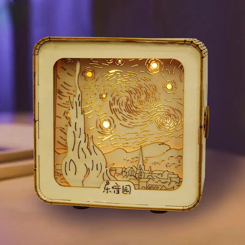 3D wooden puzzle night lamp assembled as a small ornament with train station design on a desk