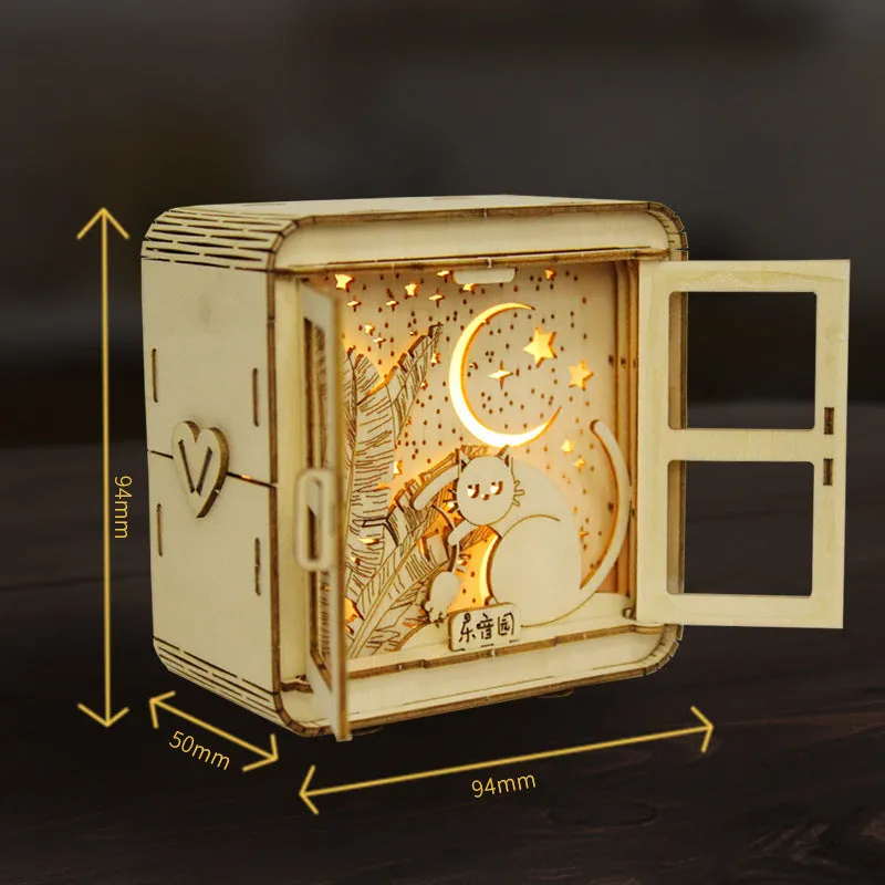 3D wooden puzzle night lamp assembled as a small ornament with train station design on a desk
