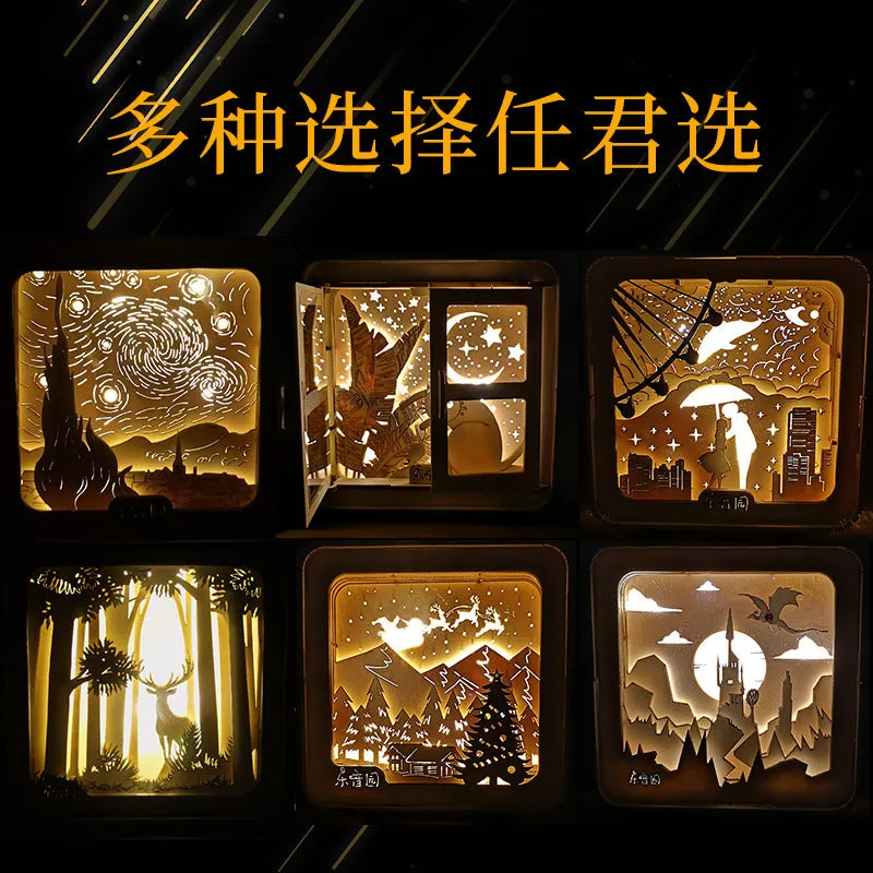3D wooden puzzle night lamp assembled as a small ornament with train station design on a desk