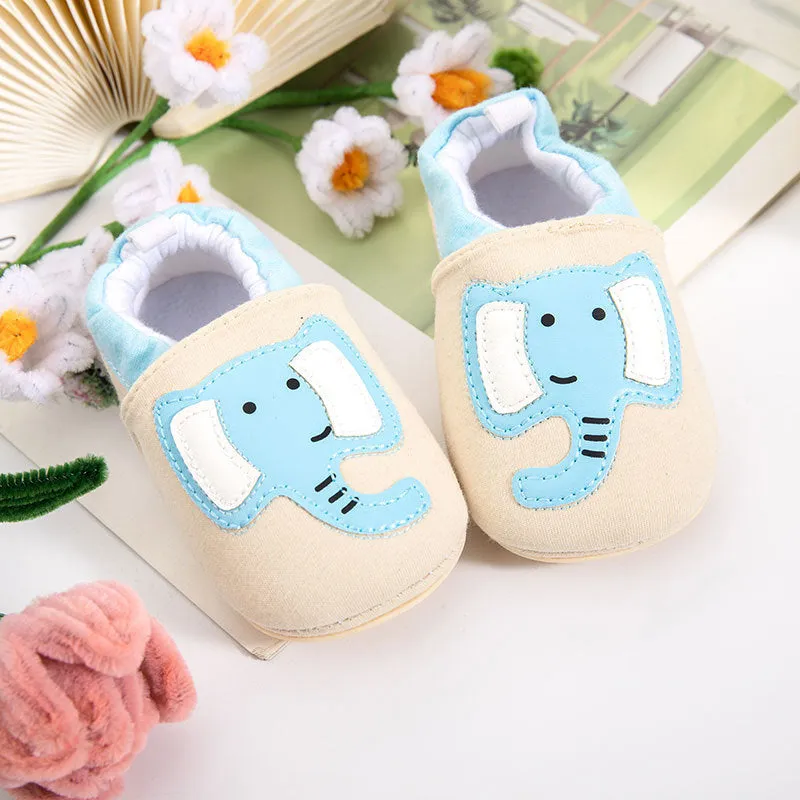 Baby soft bottom non-slip cotton cloth toddler shoes in cartoon design with rubber sole