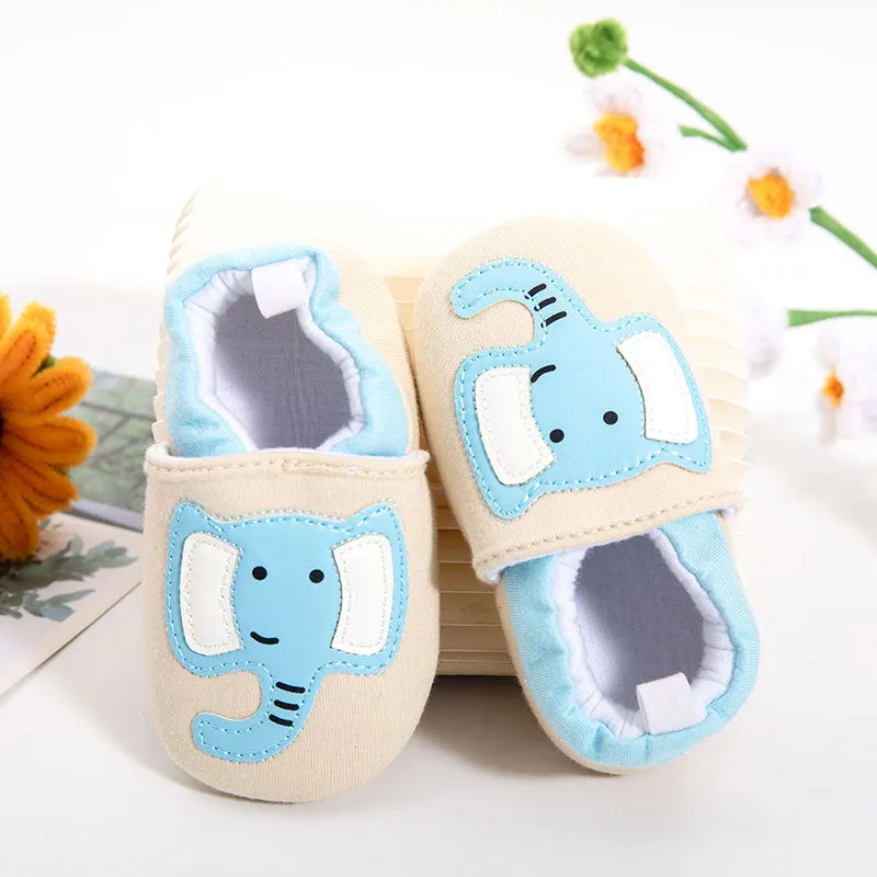 Baby soft bottom non-slip cotton cloth toddler shoes in cartoon design with rubber sole