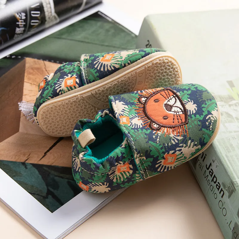 Baby soft bottom non-slip cotton cloth toddler shoes in cartoon design with rubber sole