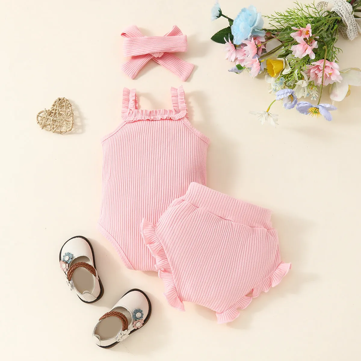 Girls summer romper three-piece set in LB345 pink with sleeveless hoodie and shorts on white background