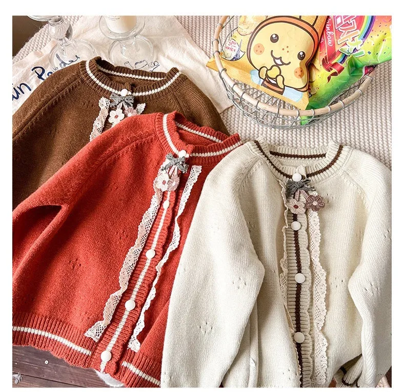 New childrens spring autumn knitted jacket top for girls long sleeve single breasted princess style milky white