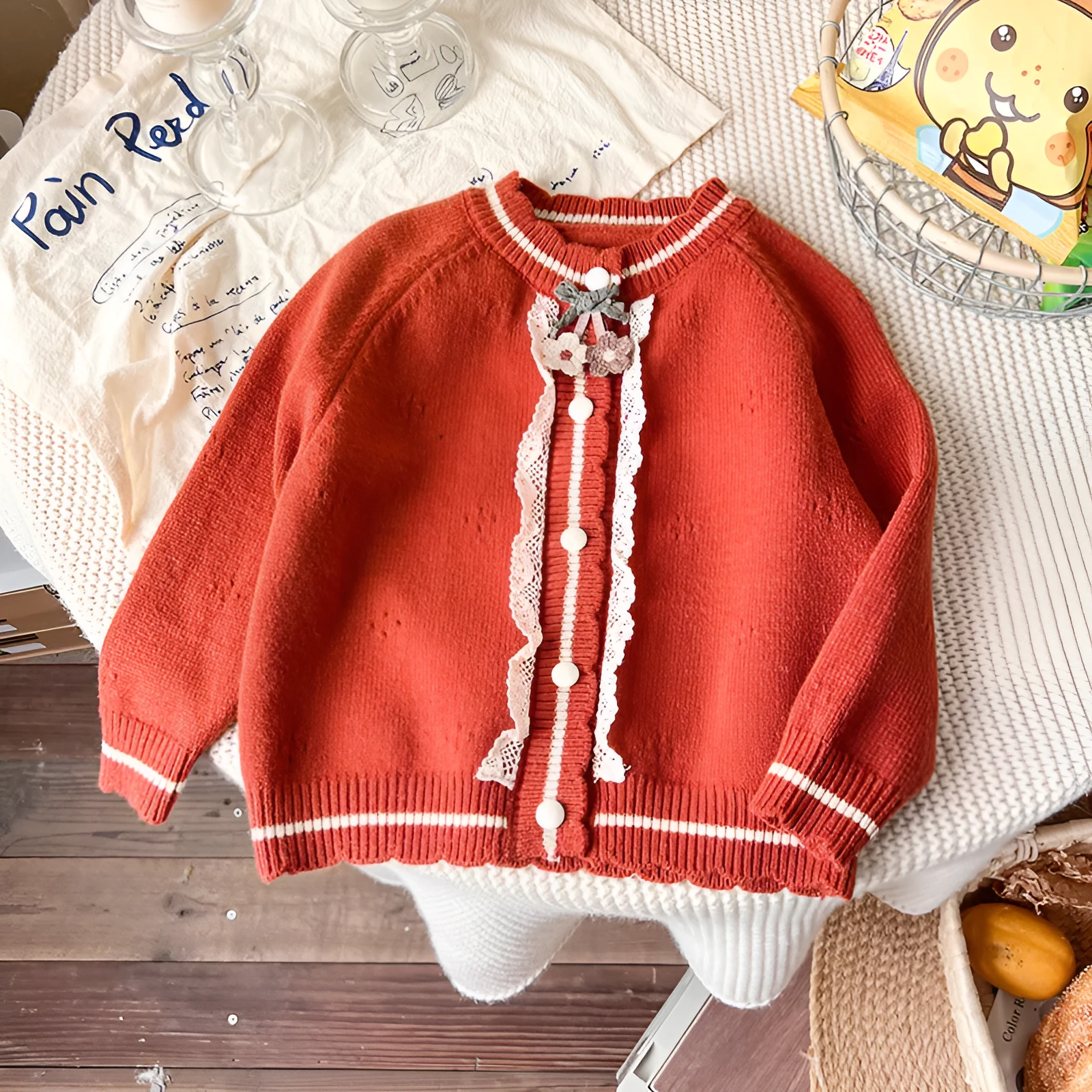 New childrens spring autumn knitted jacket top for girls long sleeve single breasted princess style milky white