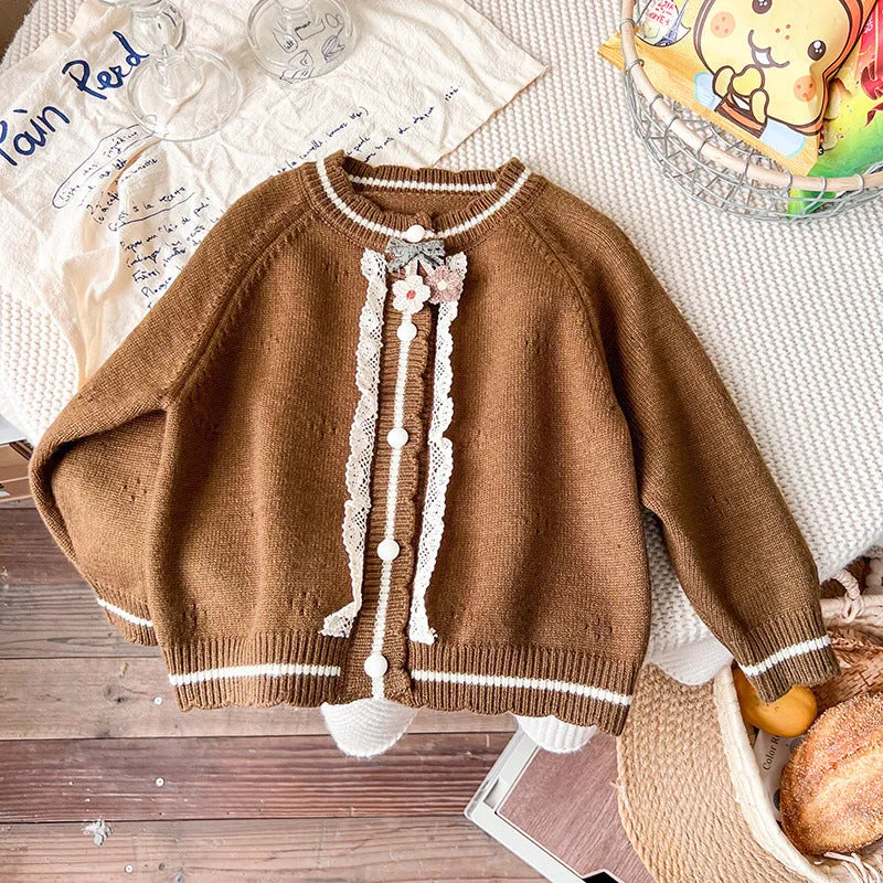 New childrens spring autumn knitted jacket top for girls long sleeve single breasted princess style milky white