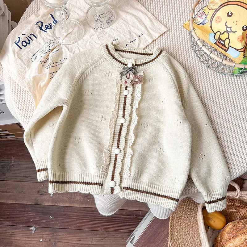 New childrens spring autumn knitted jacket top for girls long sleeve single breasted princess style milky white