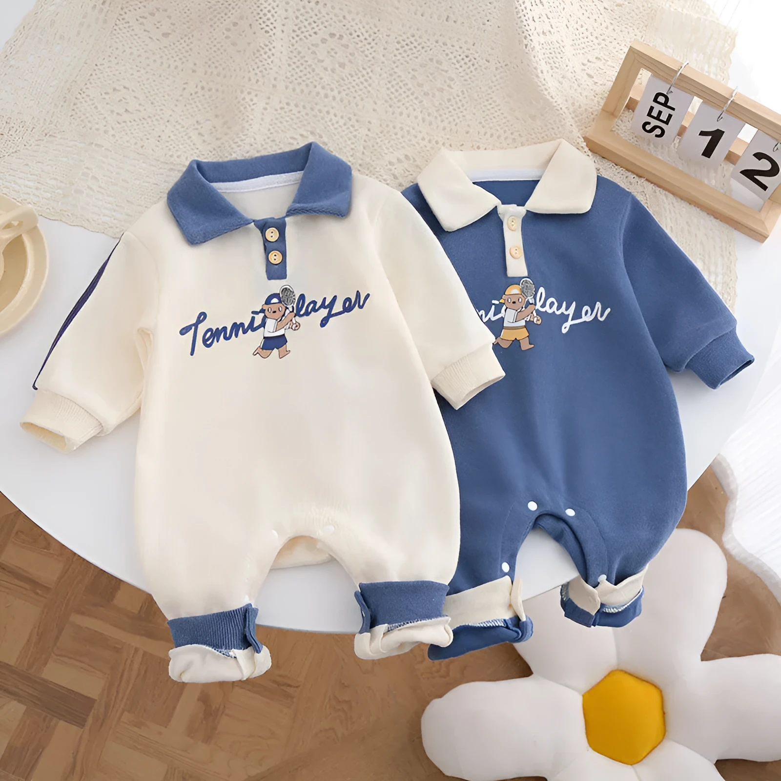 Cotton long-sleeved jumpsuit for babies, blue and milky white, suitable for heights 59cm to 90cm