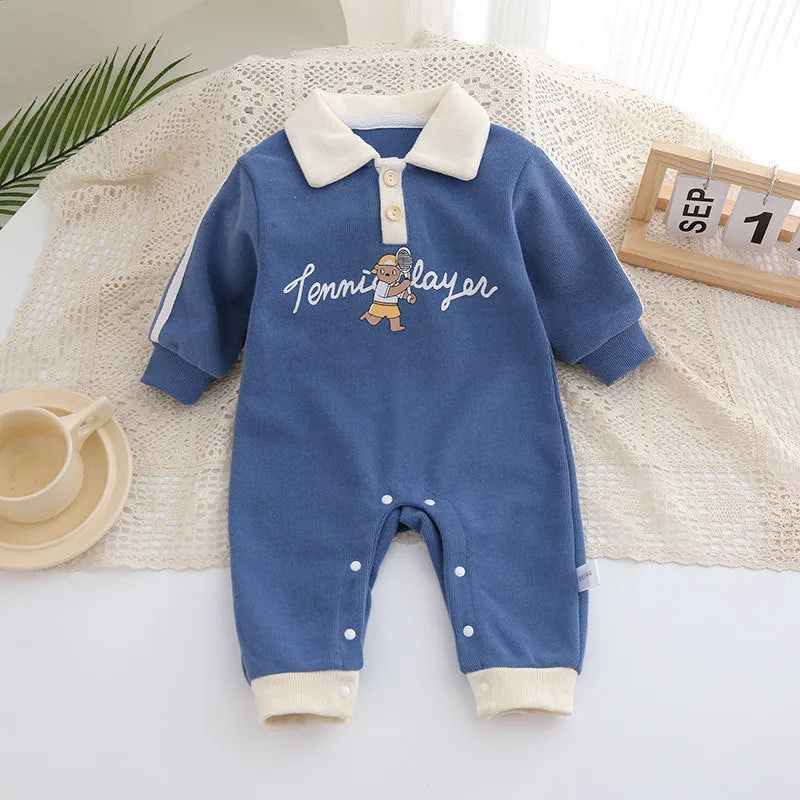 Cotton long-sleeved jumpsuit for babies, blue and milky white, suitable for heights 59cm to 90cm