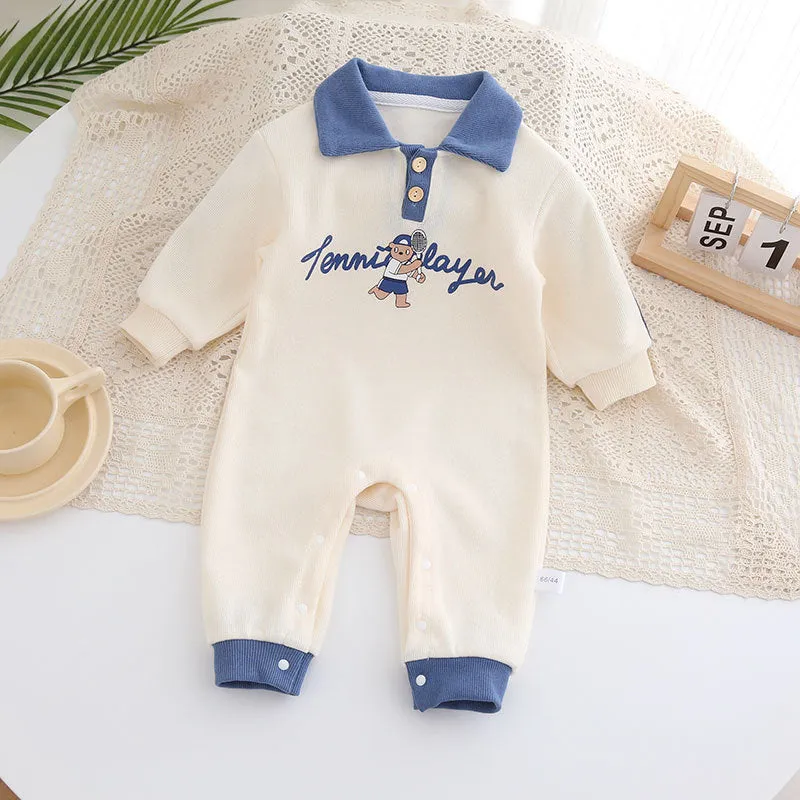 Cotton long-sleeved jumpsuit for babies, blue and milky white, suitable for heights 59cm to 90cm