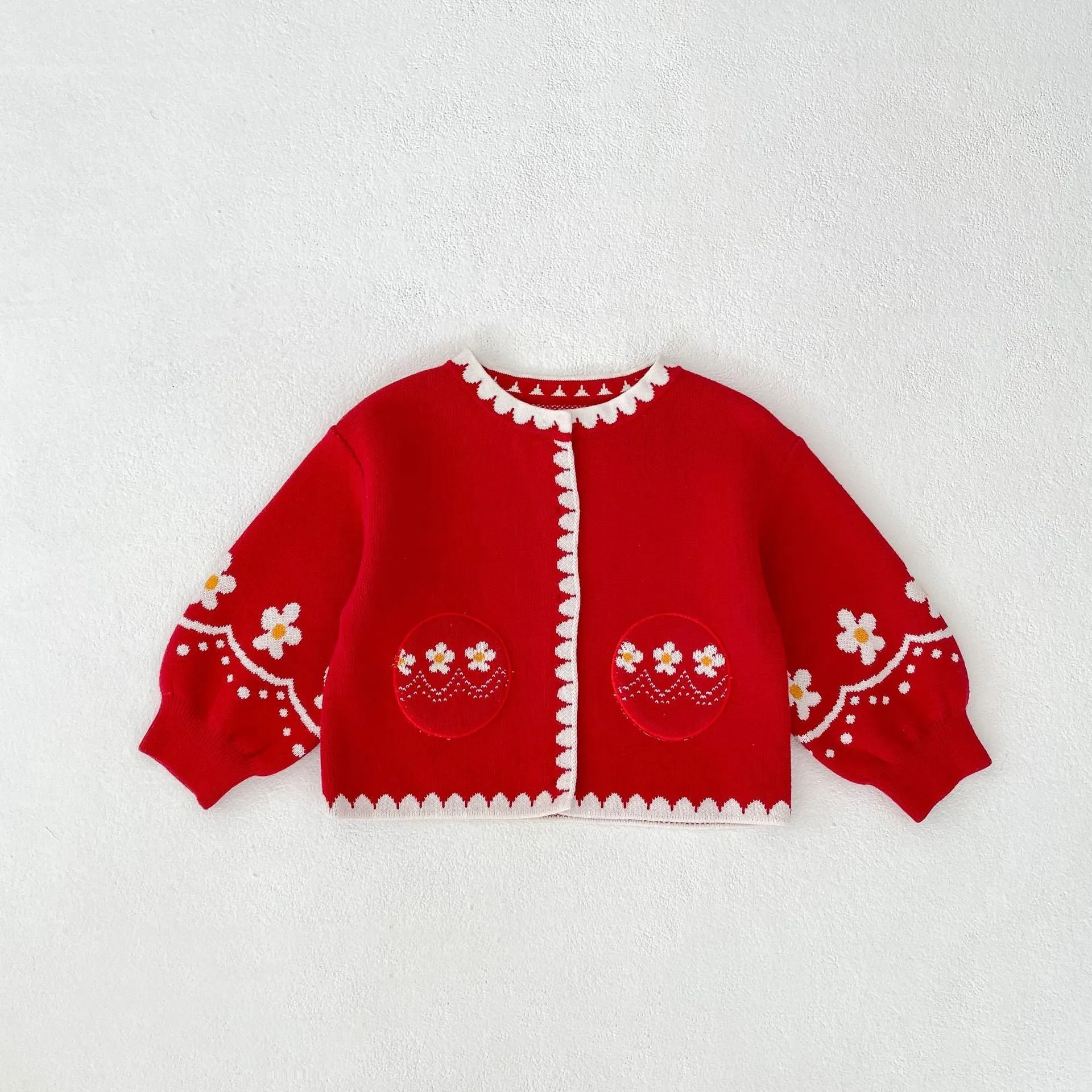 Girls cotton flower jacquard knitted cardigan in single colour, long sleeves, mid-length spring top