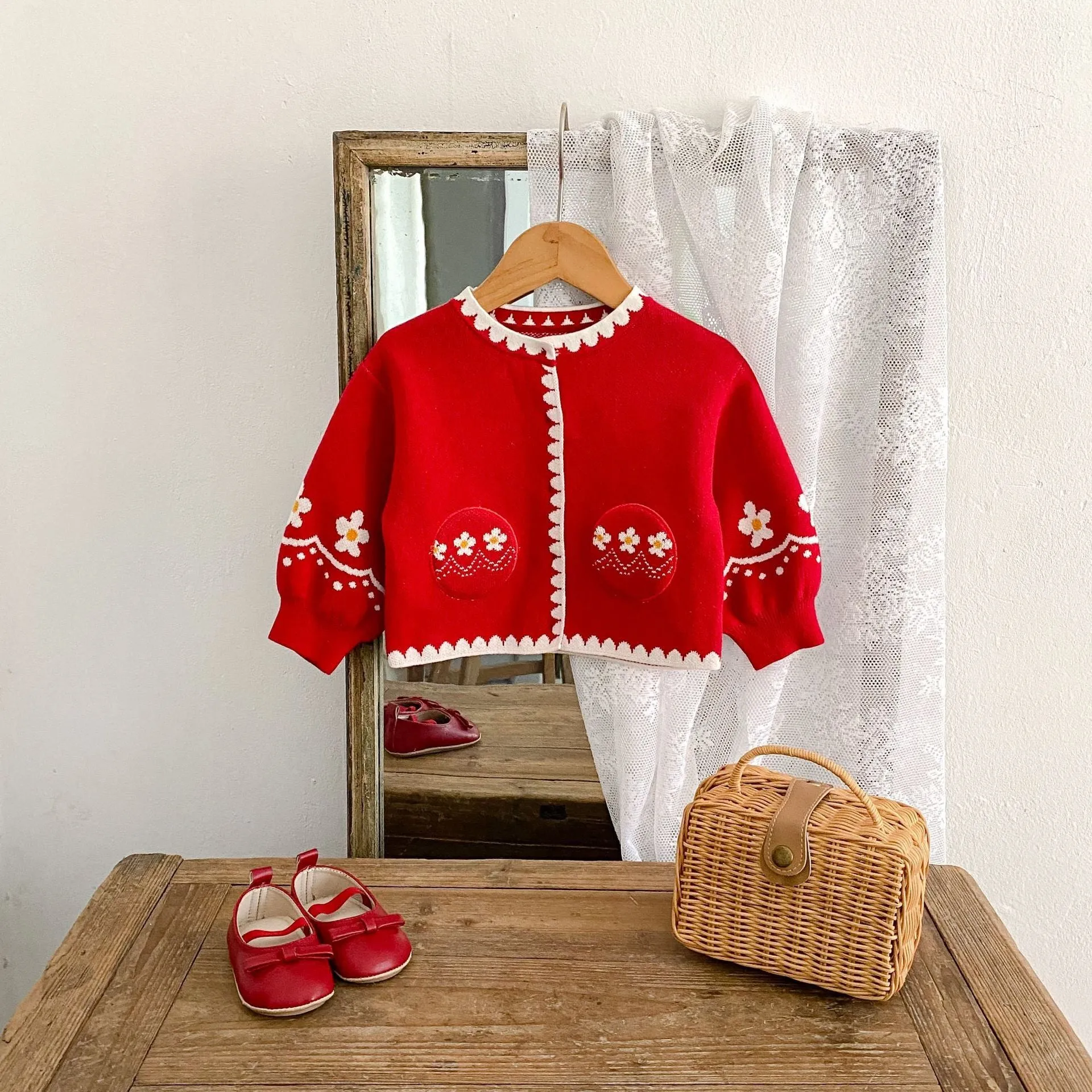 Girls cotton flower jacquard knitted cardigan in single colour, long sleeves, mid-length spring top