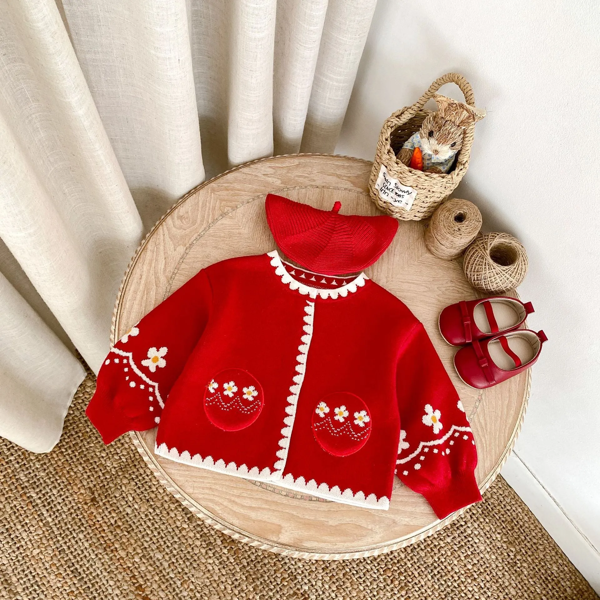 Girls cotton flower jacquard knitted cardigan in single colour, long sleeves, mid-length spring top