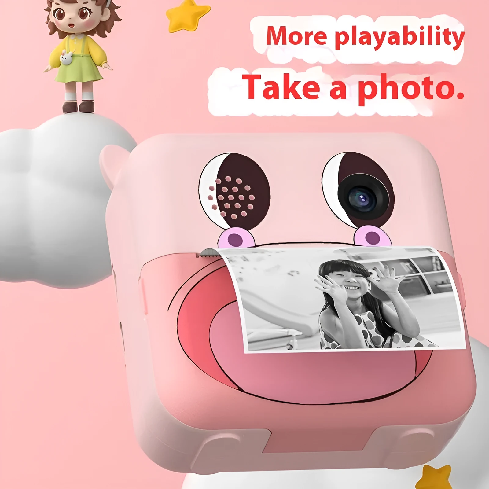 Portable thermal printing camera in pink and blue with ABS body and compact dimensions 102.5 x 59.07 x 79.43 mm