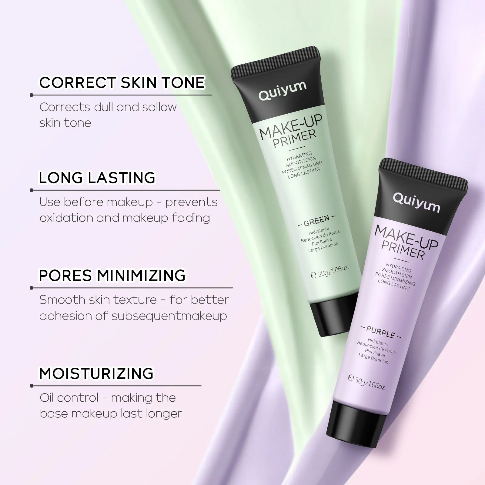 30g colour-correcting moisturising makeup primer box showing green, pink, and purple shades