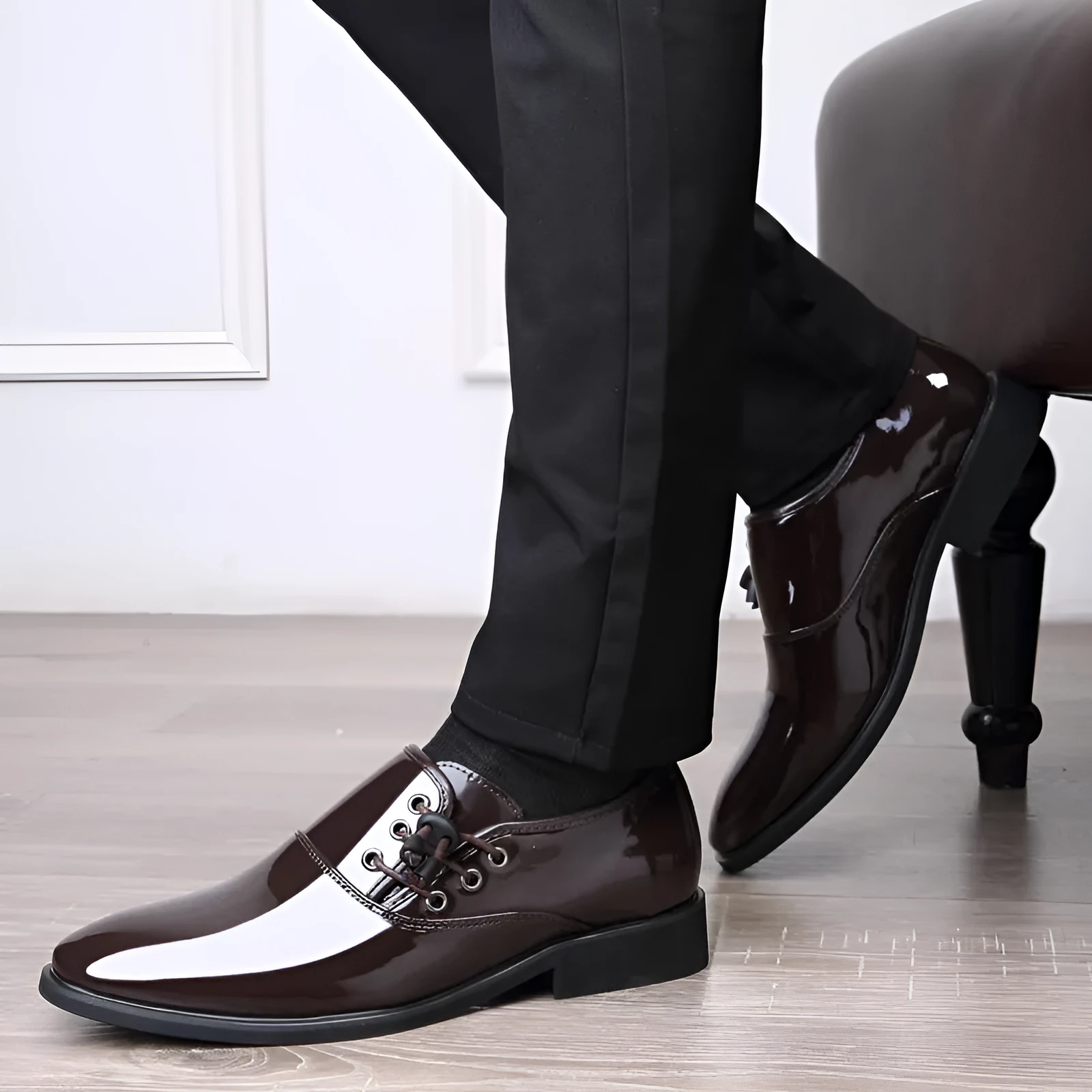 Men's black and brown formal business shoes with rubber sole and square heel