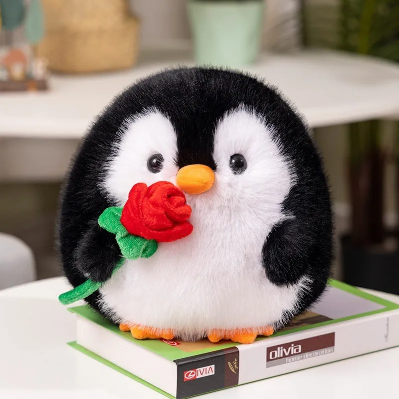 Cute rose penguin doll plush toy 20cm in black with rose decoration