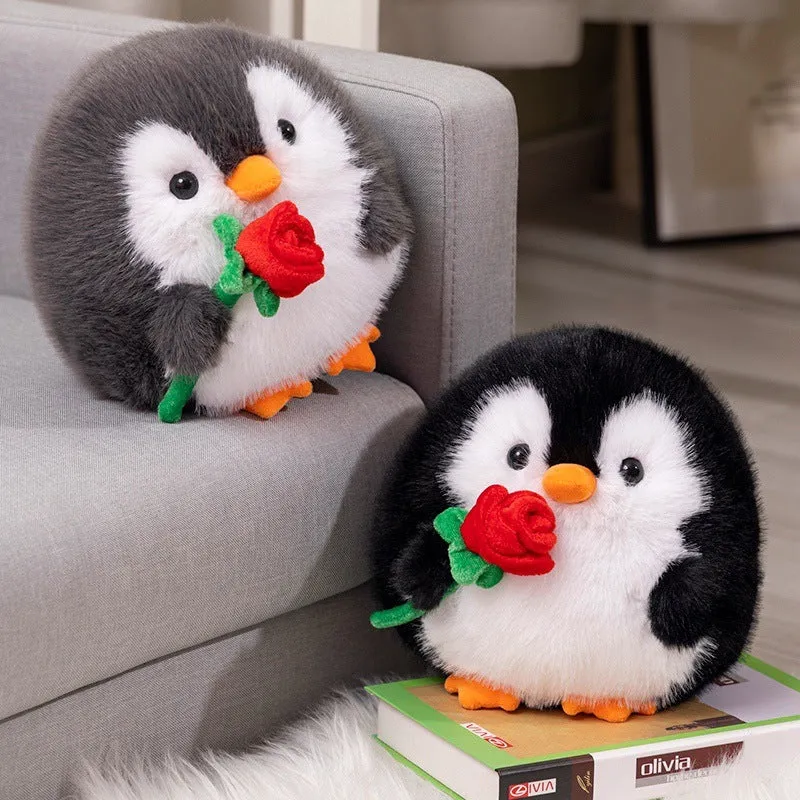 Cute rose penguin doll plush toy 20cm in black with rose decoration