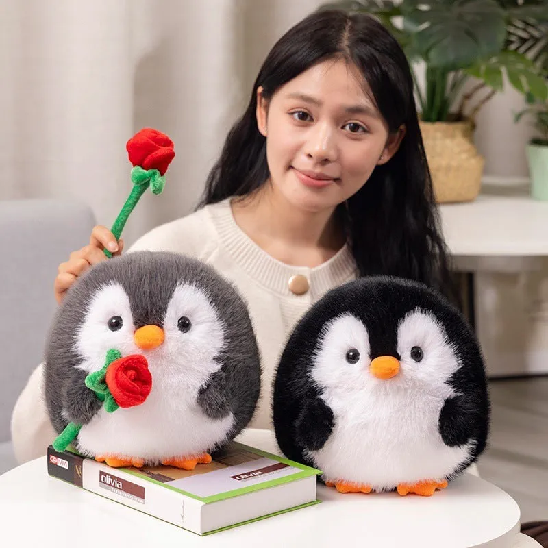 Cute rose penguin doll plush toy 20cm in black with rose decoration