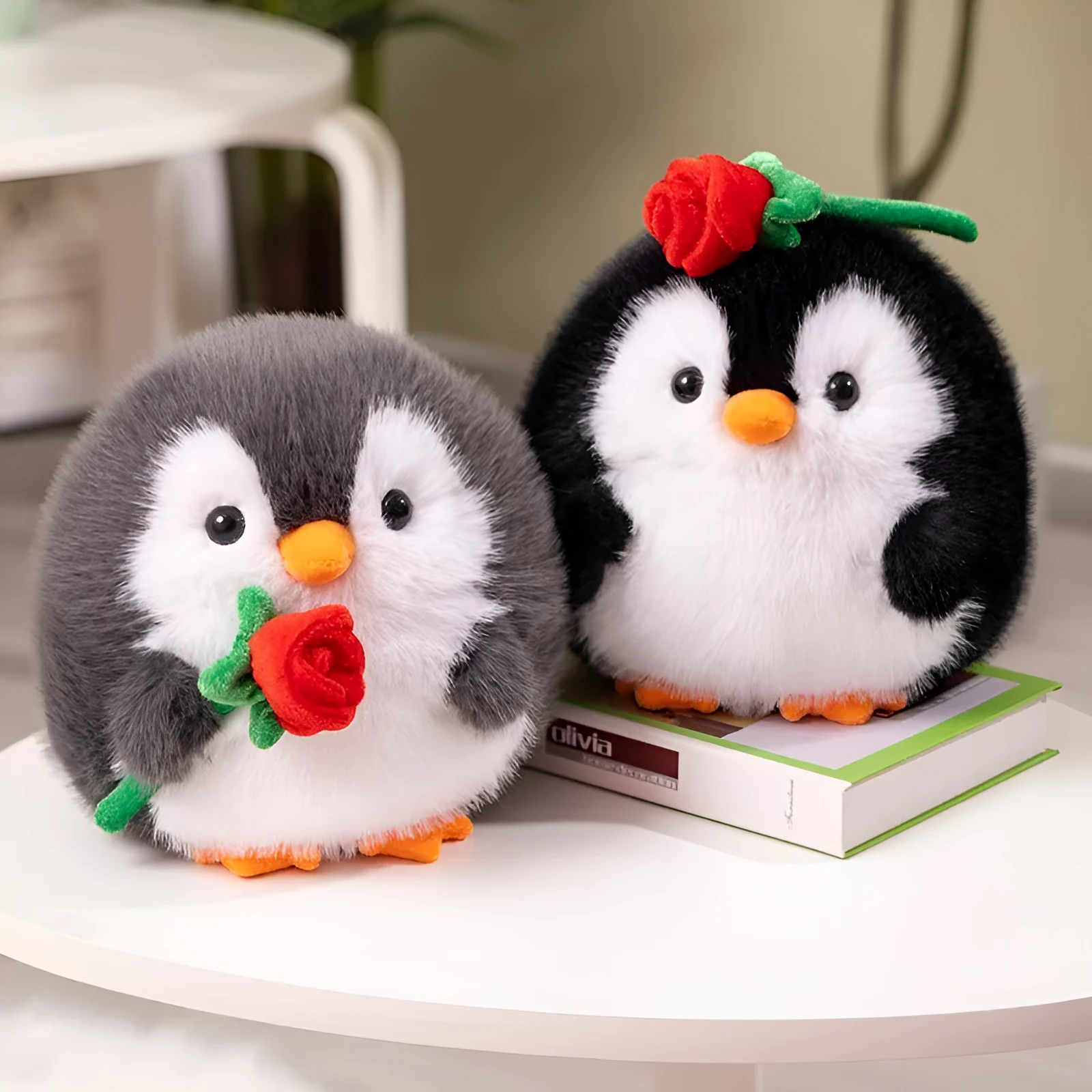 Cute rose penguin doll plush toy 20cm in black with rose decoration