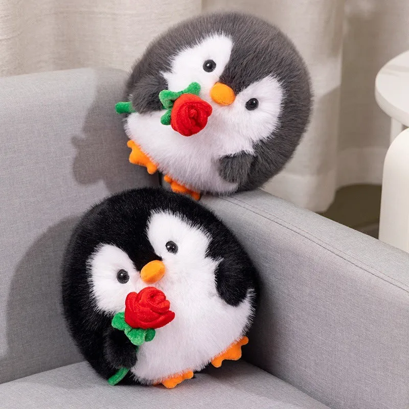 Cute rose penguin doll plush toy 20cm in black with rose decoration