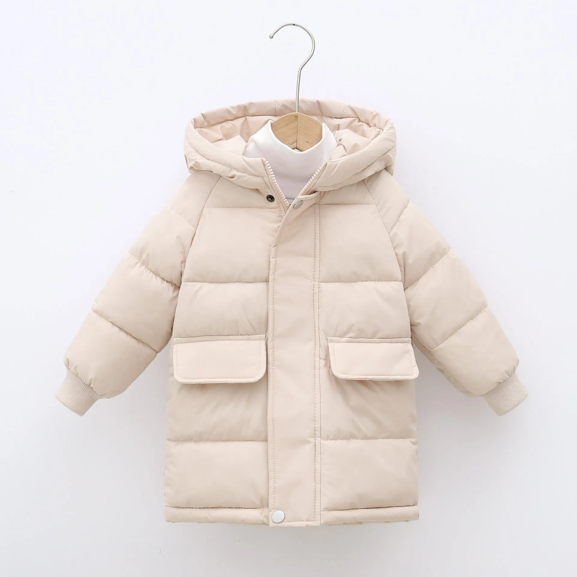Children's mid-length hooded thickened jacket in polyester fibre with zipper, available in multiple colours